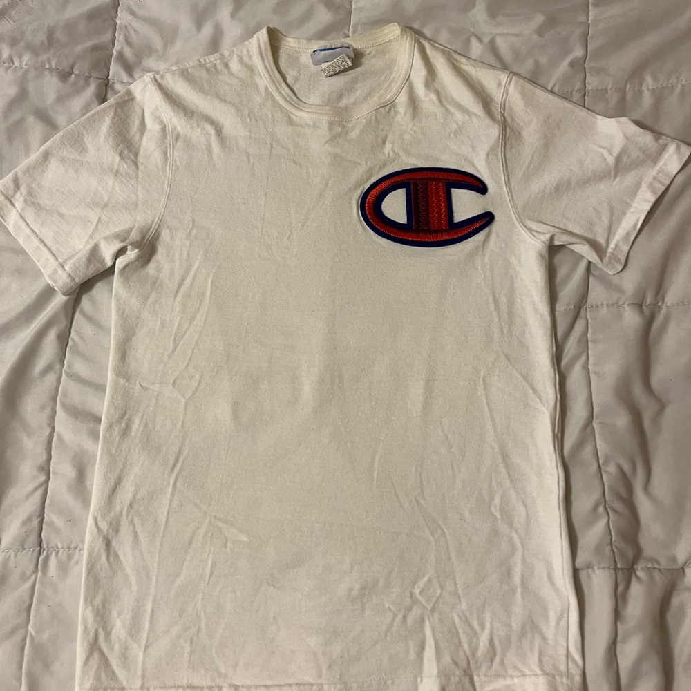 Champion Cream Tee with Red and Blue Logo